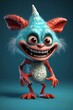 A 3D rendering of a cartoon creature with blue and red fur, large ears, and sharp teeth.