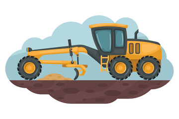 Wall Mural - Cartoon of motor grader leveling the ground. Heavy machinery used in the construction and mining industry