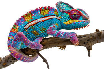 Wall Mural - Colorful chameleon on branch, cut out - stock png.