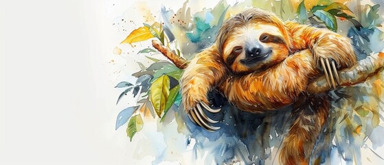 Wall Mural - A dozing sloth hanging from a tree branch with a peaceful expression. copy space