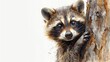 A mischievous raccoon peeking out from behind a log with a mask on its face. copy space