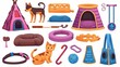 Modern illustration of toys for cats and dogs, walking leashes, wigwam house with bed, claw scratcher, ball for playing, training.