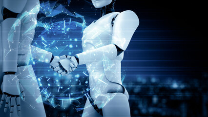 Poster - mlp 3d illustration hominoid robot handshake to collaborate future technology development by ai thin