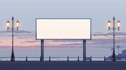 Poster - Realistic modern illustration set of outdoor road board for advertising sign. Horizontal signage panel template with white banner and lamps.
