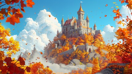 Canvas Print - Fantasy kingdom scene with an old palace above clouds in the sky. Beautiful royal queen chateau building with golden autumn leaves.