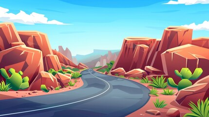 Wall Mural - Illustration of rocky boulders and green plants along steep mountain highway with sharp turns, sunny blue sky, vacation travel route, canyon on horizon.