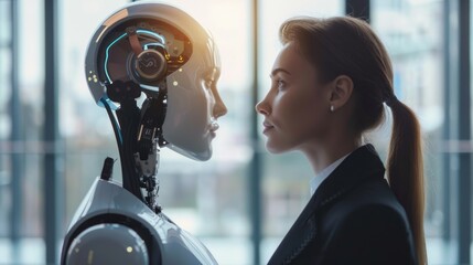 Poster - A woman stands in front of a robot with a serious expression on her face