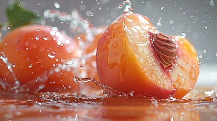 Poster - Tasty peach with peach juice splash on a white background. Generative AI.