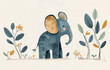 Cute elephant in the forest. Hand drawn illustration