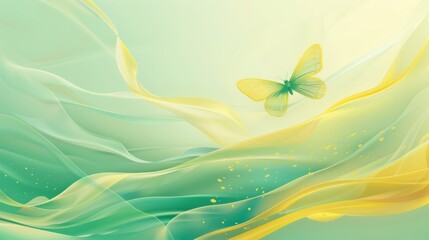 Poster - Poster design with abstract simple shape and tribal butterfly ornament on pastel green and yellow aura gradient background. Modern retro futuristic 2000s style banner template set.