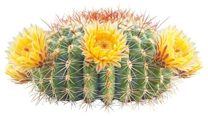 Fishhook Barrel Cactus with yellow blooms, detailed texture visible on white