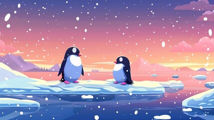 Wall Mural - Penguins perched on ice floating on cold water surface with snow falling from frosty pink and blue sky. Modern cartoon illustration of antarctic birds on frozen surface.
