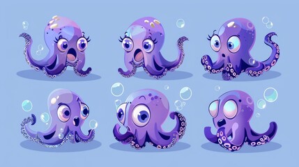 Wall Mural - Modern illustration collection of swimming adorable baby kraken with tentacles. Cute funny childish underwater animal with different emotions and water bubbles.