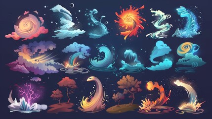 Canvas Print - The cartoon collection of tornado cartoons is composed of whirlwinds and hurricane twisters on dark backgrounds. This modern illustration set contains storm funnel winds with whirl clouds, dust, and