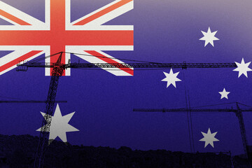 Wall Mural - Australia flag with big cranes, building in Australia, heavy lifting, urban site building