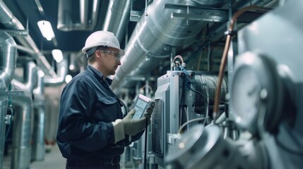 Poster - A man in a white helmet and a blue jacket is working on a piece of machinery