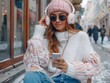 a beautiful girl in jeans, a white sweater and a pink hat with a phone in her hand and headphones listens to music on the street