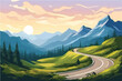 Beautiful Mountains Landscape with sunset view. Vector background. Road through mountains. Sunset in beautiful countryside with mountain and road.