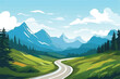 Mountain road in the mountains vector. Mountain landscape. Panorama of mountain with road and grassland. Road leading to mountains. Blue sky. Vector Background.