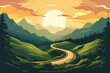 Beautiful Mountains Landscape with sunset view. Vector background. Road through mountains. Sunset in beautiful countryside with mountain and road.