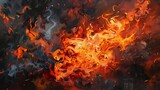 Fototapeta  - Produce a dynamic oil painting capturing a fire at eye-level angle Use bold brushstrokes to evoke flickering flames, billowing smoke, and glowing embers