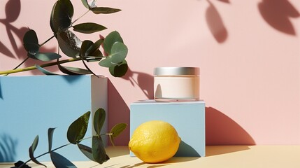 Wall Mural - A pink background with a white square platform. On the platform is a clear bottle with a white lid, a white jar with a white lid, and two lemons.