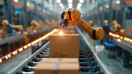 Leinwandbilder - Logistics production line, box, robotic arm, depth of field effect. Generative AI.