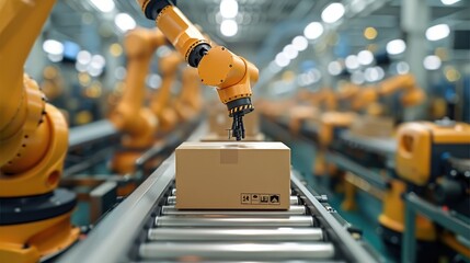 Leinwandbilder - Logistics production line, box, robotic arm, depth of field effect. Generative AI.