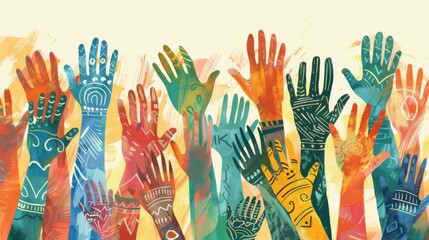 an illustration showcasing a collection of diverse and colorful hands raised up. unity, participatio