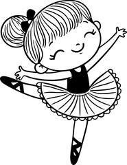 Wall Mural - Cartoon ballerina girl outline illustration. Little girl in tutu dress dances, isolated clipart. Child ballet dancer