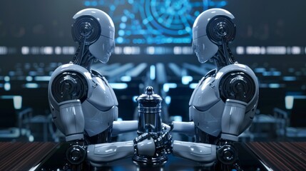 Poster - Two robots are sitting at a table with a coffee pot in front of them