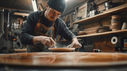 Poster - A man is working on a wooden table, sanding it down