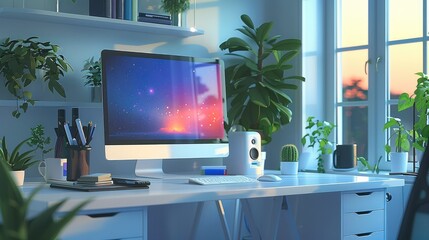 Poster - Modern workspace with computer and office supplies. Generative AI.