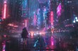© Ahmed - Digital artwork featuring a futuristic cyberpunk cityscape at night. The city is alive with neon lights and holographic projections, reflecting off the rain-soaked streets below