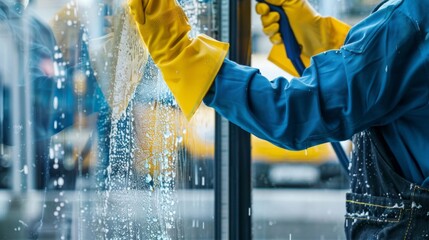 A man is cleaning a window with a squeegee and a spray bottle