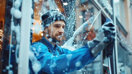 Poster - A man in a blue shirt is cleaning a window with a squeegee