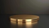 Fototapeta Uliczki - A 3D rendering of a gold platform on a black reflective surface with a dark background.

