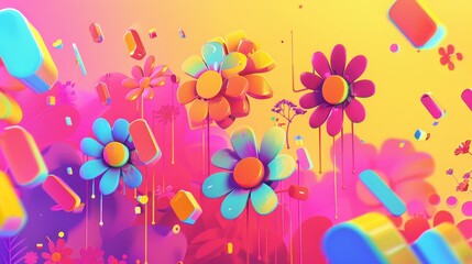 Poster - The design is in the Y2k aesthetic with gradient colored flowers and text boxes. The banner template in the 2000s retro style is a modern set of banner templates. The composition is in the style of