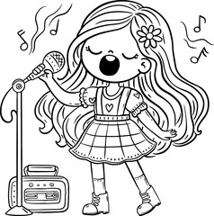 Cute cartoon girl singing song into microphone, standing on stage. Kids creative activities outline illustration