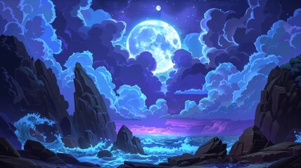 Wall Mural - Illustration of dark seas and moons in cloudy skies at night