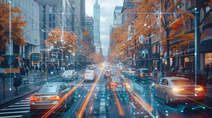 Leinwandbilder - A futuristic AI software analyzing images of different types of vehicles on city streets. Generative AI.