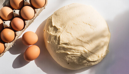 Wall Mural - Fresh yeast dough for baking and chicken eggs on white table. Culinary concept. Top view.