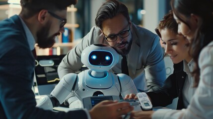 Poster - A group of people are gathered around a robot, with one man wearing a tie