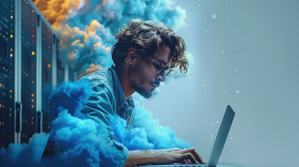Aufkleber - Cloud migration with servers with a tech support officer with a laptop working. Generative AI.