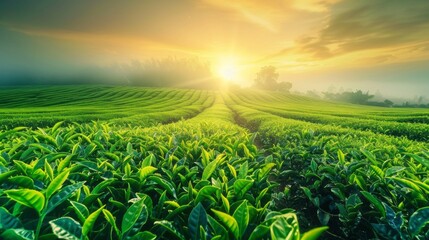Poster - A field of green plants with a sun shining on them