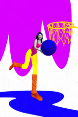 Poster - Vertical photo collage of happy girl run long legs wear sportive uniform basketball player championship isolated on painted background