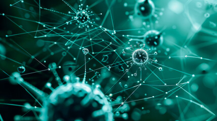A close up of a greenish blue image of a virus