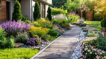 Poster - A walkway with a path of rocks and a row of flowers