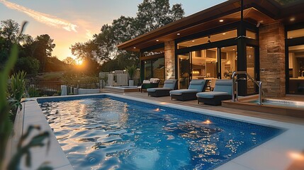 Poster - A rectangular blue fiberglass swimming pool sits in the backyard in the evening on a clear. Generative AI.