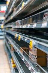 Wall Mural - an empty shelf for product placement in the supermarket with blurred background 